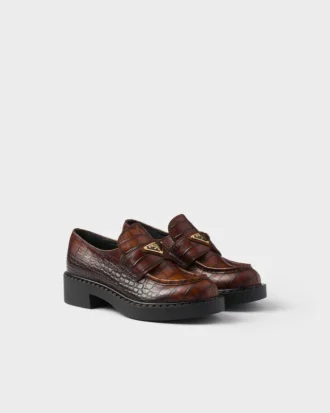 Chocolate Crocodile-Print Leather Loafers