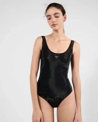 Jersey One-Piece Swimsuit with Rhinestones