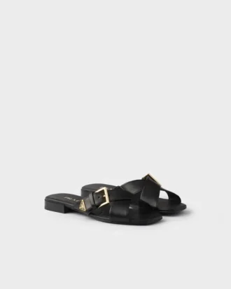Leather Crisscross Slides with Buckle