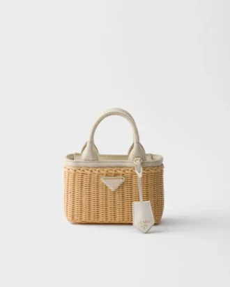 Mini Wicker and Linen Blend Tote Bag
