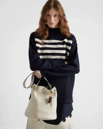 Prada Buckle Leather Bucket Bag with Jeweled Belt