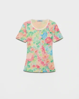 Printed Ribbed Knit Cotton T-Shirt