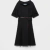 Short-Sleeve Chevron Wool Dress with Belt