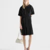 Short-Sleeve Chevron Wool Dress with Belt