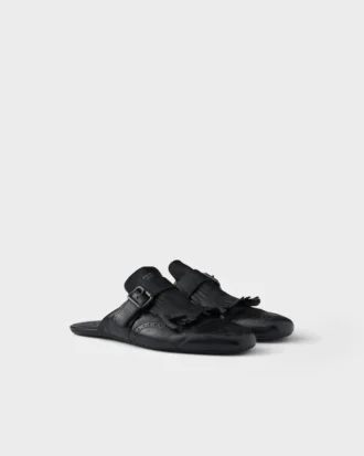 Shuffle Antiqued Leather Mules with Buckled Strap and Fringe