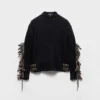 Wool Crew-Neck Sweater with Fringe and Studs