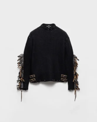 Wool Crew-Neck Sweater with Fringe and Studs